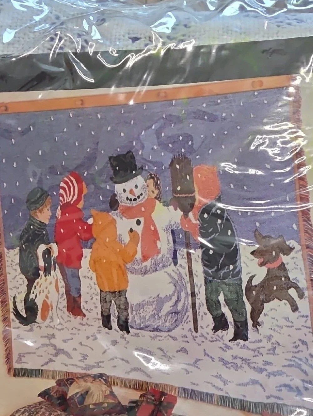 Iconic Vintage New Snowman Scenic Holiday Throw 100% Cotton - Red, White & Blue.